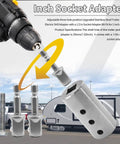 Heavy Duty Trailer Jack Drill Adapter Half Inch Hex Socket For One Inch Drive Shaft Stainless Steel Cordless Drill Attachment For RV Camper Boat Utility Trailer Top Wind Jack, showing components and usage