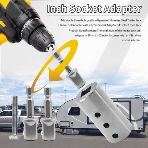 Heavy Duty Trailer Jack Drill Adapter Half Inch Hex Socket For One Inch Drive Shaft Stainless Steel Cordless Drill Attachment For RV Camper Boat Utility Trailer Top Wind Jack, showing components and usage