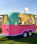 Heavy Duty Commercial Pizza Food Truck, Turnkey Mobile Catering Trailer With Built In Walk In Fridge For Side Hustle And Pop Up Stand featuring bright pink and teal exterior.
