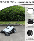 Heavy Duty Manual Push Sweeper For Driveways Patios And Garages Featuring 25.5 Inch Sweep Width And 5.25 Gallon Hopper on concrete.