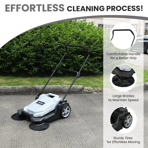 Heavy Duty Manual Push Sweeper For Driveways Patios And Garages Featuring 25.5 Inch Sweep Width And 5.25 Gallon Hopper on concrete.