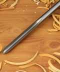 Close-up of the cutting end of a Kickass Three Piece HSS Bowl Gouge Set Featuring Solid Beech Handles for woodturning.