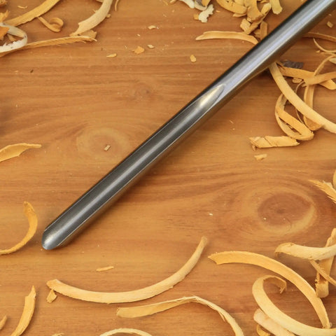 Close-up of the cutting end of a Kickass Three Piece HSS Bowl Gouge Set Featuring Solid Beech Handles for woodturning.