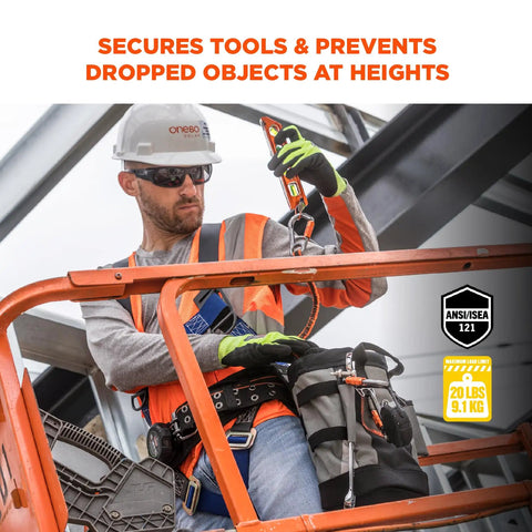 Worker using Arsenal 5517 Premium Topped Tool Pouch With Zipper For Secure Tool Storage On Harnesses, Black, at height.