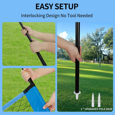 20 Foot Outdoor Volleyball Net Set With Anti Sag Net Adjustable Iron Poles Durable Carry Bag Soft PU Volleyball And Pump Quick Setup For Backyard Or Beach Game Ready Gear Rugged Yet Lightweight Blue, showing poles and net setup.