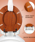 Round Toilet Seat Made From Molded Wood With Quietly Close Hinges And Quick Release No Fuss Easy To Install And Clean Brownish Red Finish For Round Toilets Comfortable Durable And Splash Resistant displayed with grip-tight bumpers and quick release feature