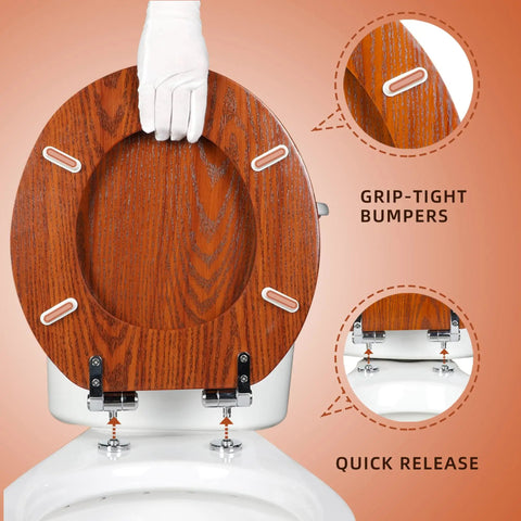 Round Toilet Seat Made From Molded Wood With Quietly Close Hinges And Quick Release No Fuss Easy To Install And Clean Brownish Red Finish For Round Toilets Comfortable Durable And Splash Resistant displayed with grip-tight bumpers and quick release feature