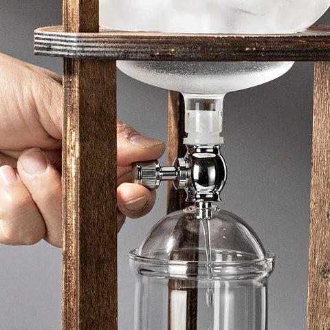 Real Deal Cold Brew Drip Tower With Adjustable Copper Flow Valve, Premium Hand Blown Glass Ice Coffee Brewer for Smooth Slow Extraction, close-up of adjustable valve and glass brewer.