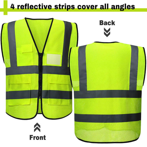 Built Different Bulk 40 Pack Bright Neon Yellow High Visibility Safety Vests With Reflective Silver Strips And Zippered Mesh Pockets For Active Crews Daily Work showing front and back view.