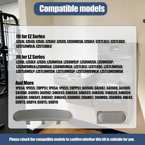 Front And Side Push Bar Button Kit For EZ And LZ Series Drinking Fountains compatibility chart displayed on wall background.