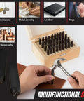 36 Piece Letter And Number Steel Punch Stamp Set With Wood Storage Case for Metal Leather and More, shown in use for DIY crafting