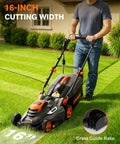 Person using corded lawn mower with 16 inch cut and 13 amp motor five height settings easy vertical fold storage two in one mulching and bagging on grass