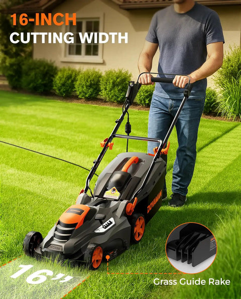 Person using corded lawn mower with 16 inch cut and 13 amp motor five height settings easy vertical fold storage two in one mulching and bagging on grass