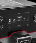 Top Tier Heavy Hitter Italian Fully Automatic Espresso Machine With Brushed Stainless Steel Housing Smart Glass Screen showing drink options.