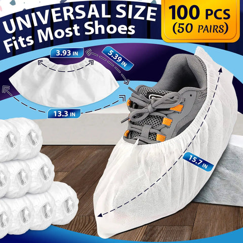 Bulk Disposable Shoe Covers, 50 Pairs Per Box, Indoor Use Only, Thin Nonwoven Fabric, Stretch Fit Up To 15.7 Inches showing size