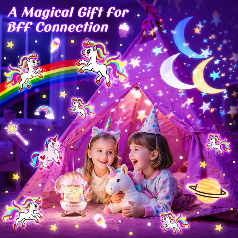 Two girls in pajamas using Unicorn Night Light Projector For Kids Room, 360 Degree Rotation With Remote, 21 Colors And 3 Brightness Modes, 15 Films And 15 Sounds, Dreamy Starry Night Toy Gift For Girls Aged 4 To 8, Perfect Sleep Decor, in a tent with unicorns projected on the walls.