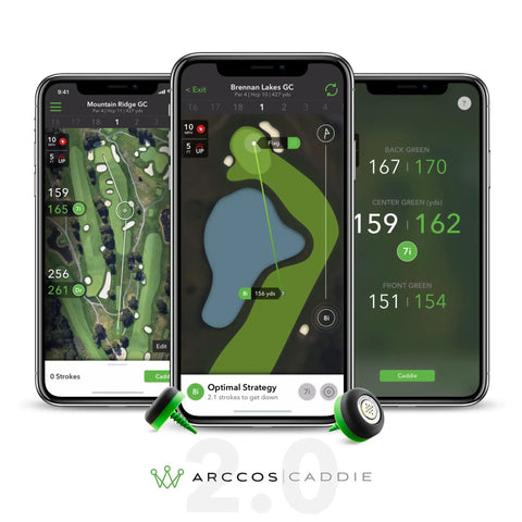 Smartphones displaying Pro Grade Golf Performance Tracker With 360 Shot Tracking And Club Recommendations Learn Exact Distances Identify Your Strengths And See The Best Strategy On Any Hole With Microsoft Powered Caddie Tech.