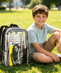 Boy sitting on grass with a See Through Clear Backpack 16 Inch Large Capacity Bookbag for School College Work and Travel, Black