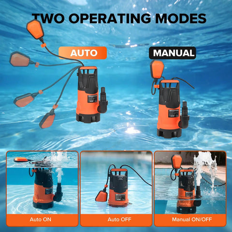 Beefy 1HP Submersible Sump Pump For Dirty Water And Clean Water, 4200GPH, 29 Ft Lift, auto and manual float switch modes