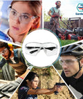 Hella Durable Wraparound Safety Glasses With Anti Fog Scratch Proof Polycarbonate Lenses For Yard Work Lawn Mowing Shooting And Outdoor Adventures, shown on different users.