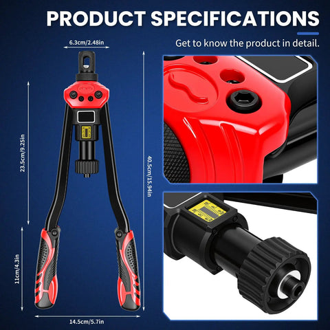 16 Inch Pro Rivet Nut Kit With Quick Change Mandrels, Heavy Duty Rivnut Nutsert Tool featuring ergonomic red grips