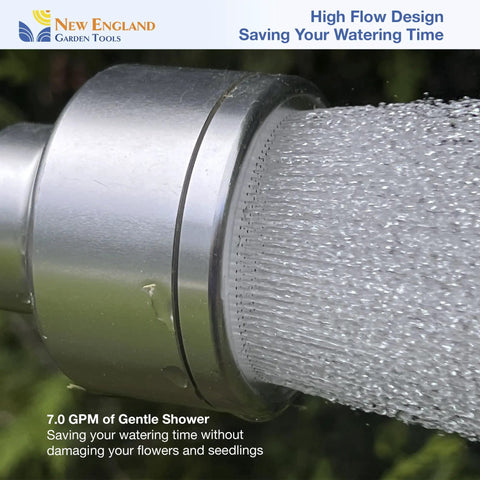Close-up of 30 Inch Soft Rain Watering Wand with gentle shower spray in action, heavy-duty metal build, for plants, yards, and pets.