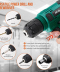 Close-up of 8V Cordless Drill Set With USB Rechargeable Driver, Lightweight Home Improvement Kit in use, showing drill bits and grip.