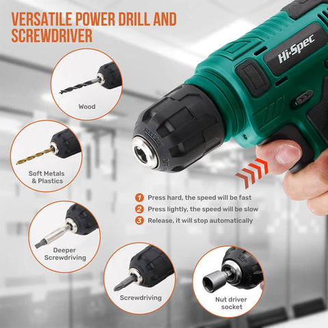 Close-up of 8V Cordless Drill Set With USB Rechargeable Driver, Lightweight Home Improvement Kit in use, showing drill bits and grip.