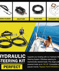 All In One 150HP Hydraulic Outboard Steering Kit With Helm Pump Dual Lock Cylinder 26.8 Ft Hoses Fill Kit For Single Engine Boats Compatible With Yamaha Mercury Honda Suzuki Three Fourths Inch Tilt Tube shown in promotional image with components and boating scene.