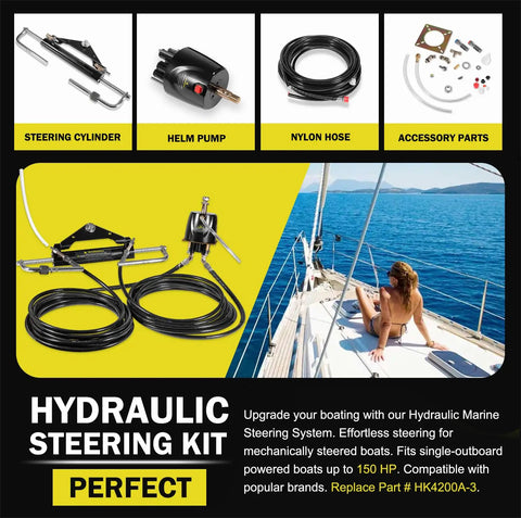 All In One 150HP Hydraulic Outboard Steering Kit With Helm Pump Dual Lock Cylinder 26.8 Ft Hoses Fill Kit For Single Engine Boats Compatible With Yamaha Mercury Honda Suzuki Three Fourths Inch Tilt Tube shown in promotional image with components and boating scene.
