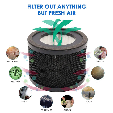 2-Pack Replacement Filter For TaoTronics TT-AP001 And VAVA VA-EE014 Air Purifiers showing filter removing pet dander, odors, and dust.