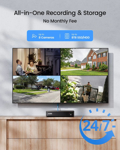 Boss Grade 8 Channel CCTV DVR displayed with 4-camera feed on a screen, highlighting 24/7 monitoring capabilities.