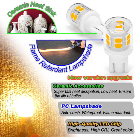 Five Pack T10 LED RV Lights For Camper And Boat Easy Swap 12V 24V showcasing bulb design and features like heat sink, lampshade.