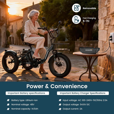 Electric Tricycle For Adults With Fat 4 Inch Tires Foldable Aluminum Frame 400 Pound Capacity Large Rear Basket 500W Motor Compact Folded Size 40X42X29 Hauling Groceries And Weekend Cruising, elderly rider, removable battery, fast charging