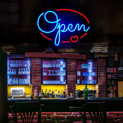 Open Sign For Business 16x12 Inch LED Neon Sign USB Powered Brightness Adjustable above bar setting