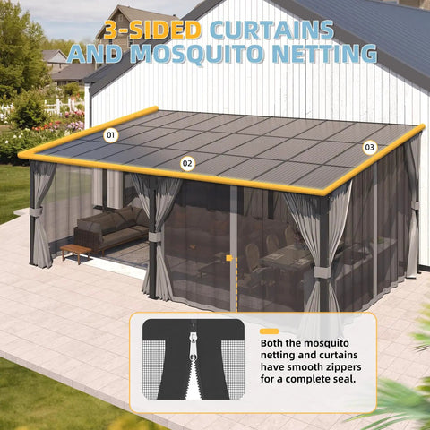 12x20 Patio Gazebo With Curtains And Mosquito Netting Large Wall Mounted Lean To Pergola With Hard Top Easy Assembly Outdoor