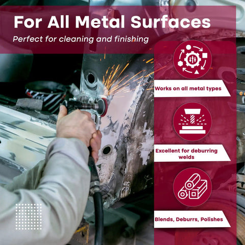 Person using Medium Non Woven Surface Conditioning R Type Quick Change Disc 2 Inch Maroon Pro Grade For Metal Prep