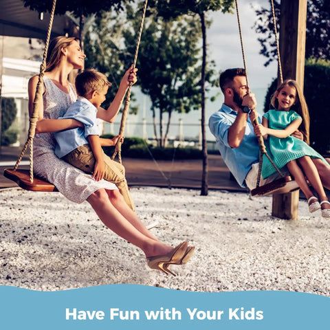 Family enjoying Heavy Duty Wooden Tree Swing For Adults And Kids, 500 Lb Load Capacity, 118 Inch Adjustable Hemp Rope Straps, Elm Wood Seat