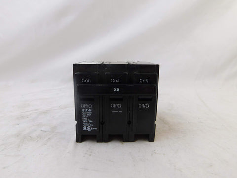 Front view of BR320 Three-Pole 20 Amp 240 Volt Circuit Breaker For Home Electrical Panel, heavy-duty replacement unit.