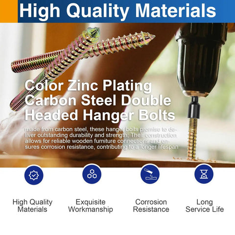 20 Pack Of 1/4-20 By 3 Inch Hanger Bolts In Rugged Carbon Steel Offer Rock Solid Connections When Screwing Into Wood, Perfect For Building Heavy Duty Furniture, Securing Deck Rails, Or Knocking Out Diy Woodworking Tasks With Ease. Color zinc plated double headed hanger bolts being installed.