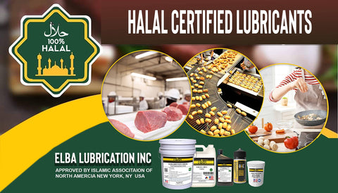 Food Grade Hydraulic Oil 32 Fully Synthetic Blend display with halal certification and industrial use images