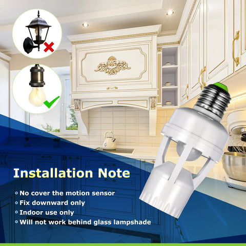 Three Pack Motion Sensor Light Socket Adapters For E26 And E27 Bulbs, No-Fuss Screw-In Install, Auto On Off Lighting instructions