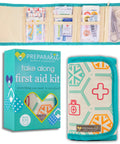 PreparaKit Travel First Aid Kit for Kids in teal; three items: opened kit, box, and zip pouch