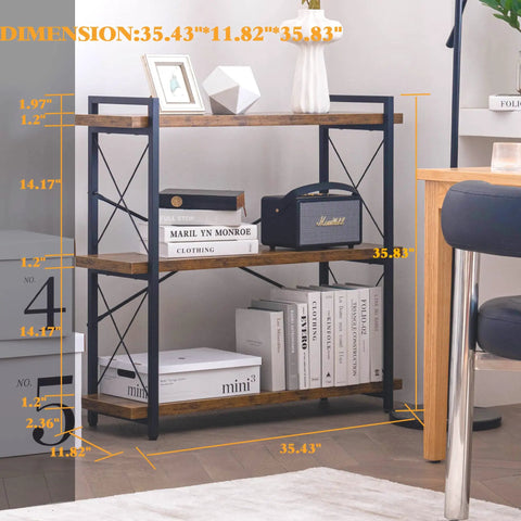 Heavy Duty Top Tier Industrial Bookshelf Featuring Solid Wood Planks And Sleek Matte Black Steel Frame For Living Room Decor Zero Hassle Quick Snap Assembly with dimensions shown.