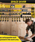 Heavy Duty Wall Mounted Tool Organizer With Four Layer Storage And Twelve Drill Holders For Garage And Workshop, installed view with tools and accessories stored, man working at bench