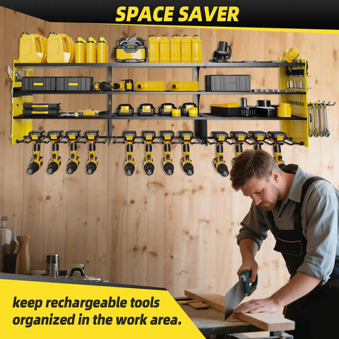 Heavy Duty Wall Mounted Tool Organizer With Four Layer Storage And Twelve Drill Holders For Garage And Workshop, installed view with tools and accessories stored, man working at bench