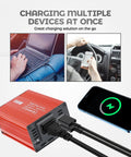 Close-up of Heavy Duty 150W Car Power Inverter with charging ports, laptop, and smartphone in use inside a vehicle.