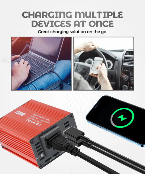 Close-up of Heavy Duty 150W Car Power Inverter with charging ports, laptop, and smartphone in use inside a vehicle.