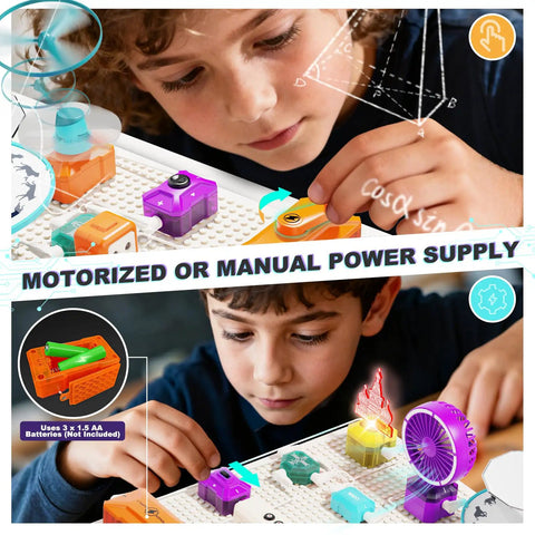 Kids assembling electric circuit with Kids Electric Circuit Kit With 68 Pieces For Electronics Exploration, 450 Plus Projects.