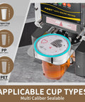 Automatic Cup Sealing Machine For 90 To 95 Mm Cups With Digital Panel Hands Free Sealing Ideal For Bubble Tea And Coffee Shops Seals 550 To 650 Cups Per Hour showing cup compatibility features.